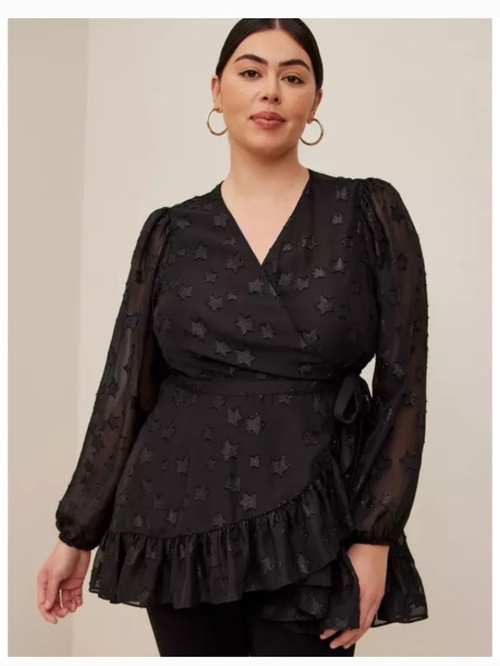 Torrid 2X Lurex Star Surplice Ruffle Hem Top Balloon Sleeve Layered Wrap